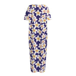 Watercolor Frangipani Flower Print Short Sleeve Long Nightdress