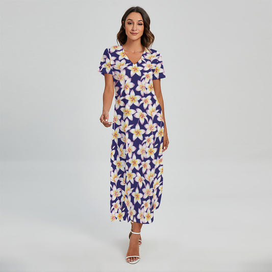 Watercolor Frangipani Flower Print Short Sleeve Maxi Dress