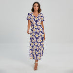 Watercolor Frangipani Flower Print Short Sleeve Maxi Dress