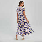 Watercolor Frangipani Flower Print Short Sleeve Maxi Dress