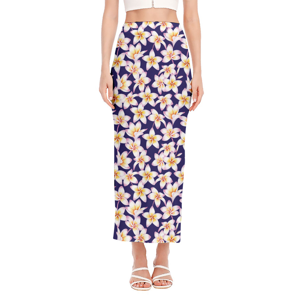 Watercolor Frangipani Flower Print Side Slit Maxi Skirt