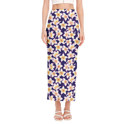 Watercolor Frangipani Flower Print Side Slit Maxi Skirt