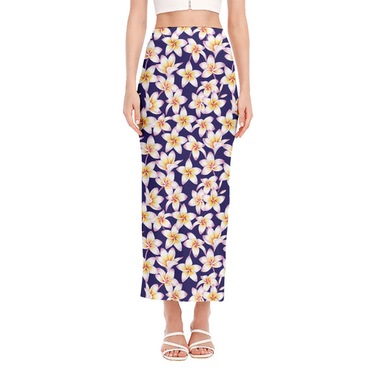 Watercolor Frangipani Flower Print Side Slit Maxi Skirt