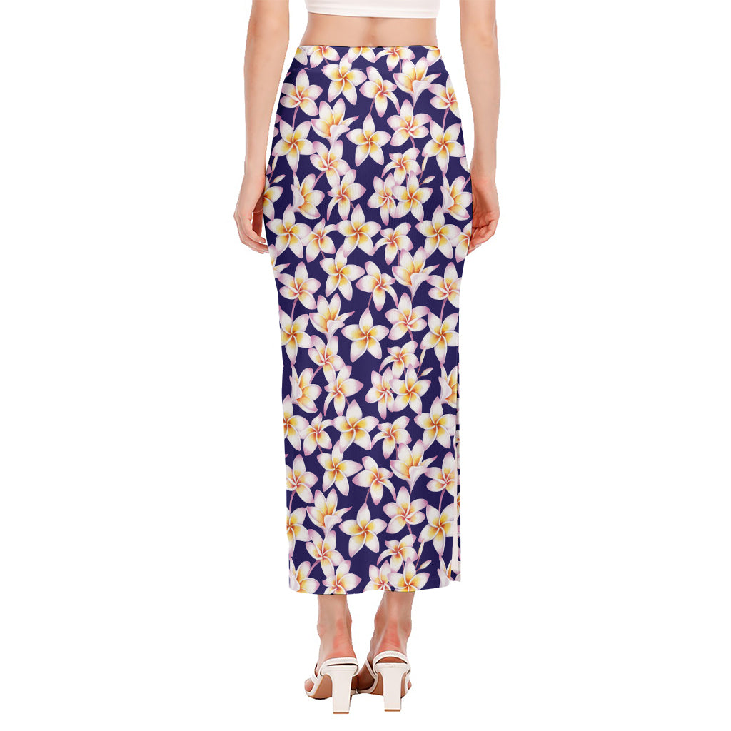 Watercolor Frangipani Flower Print Side Slit Maxi Skirt