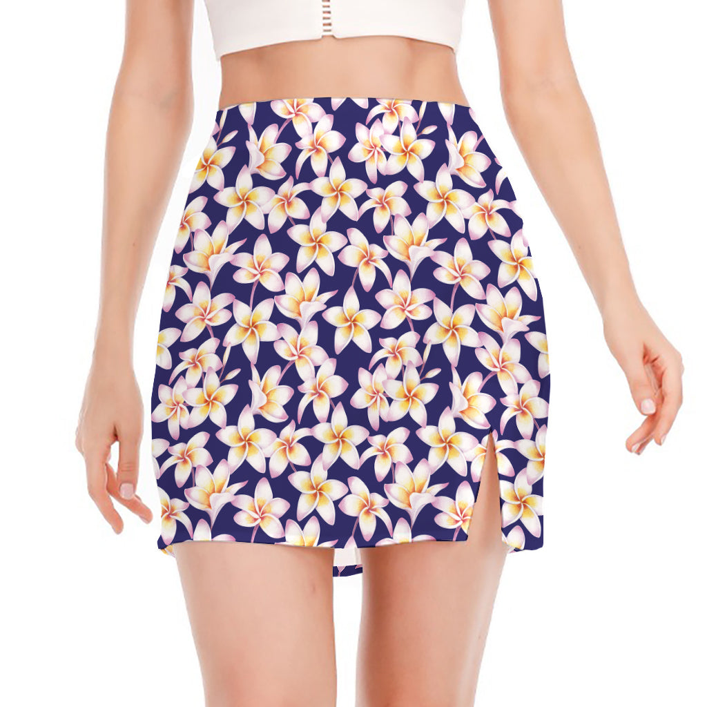 Watercolor Frangipani Flower Print Side Slit Mini Skirt