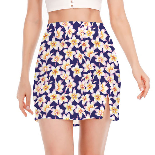 Watercolor Frangipani Flower Print Side Slit Mini Skirt