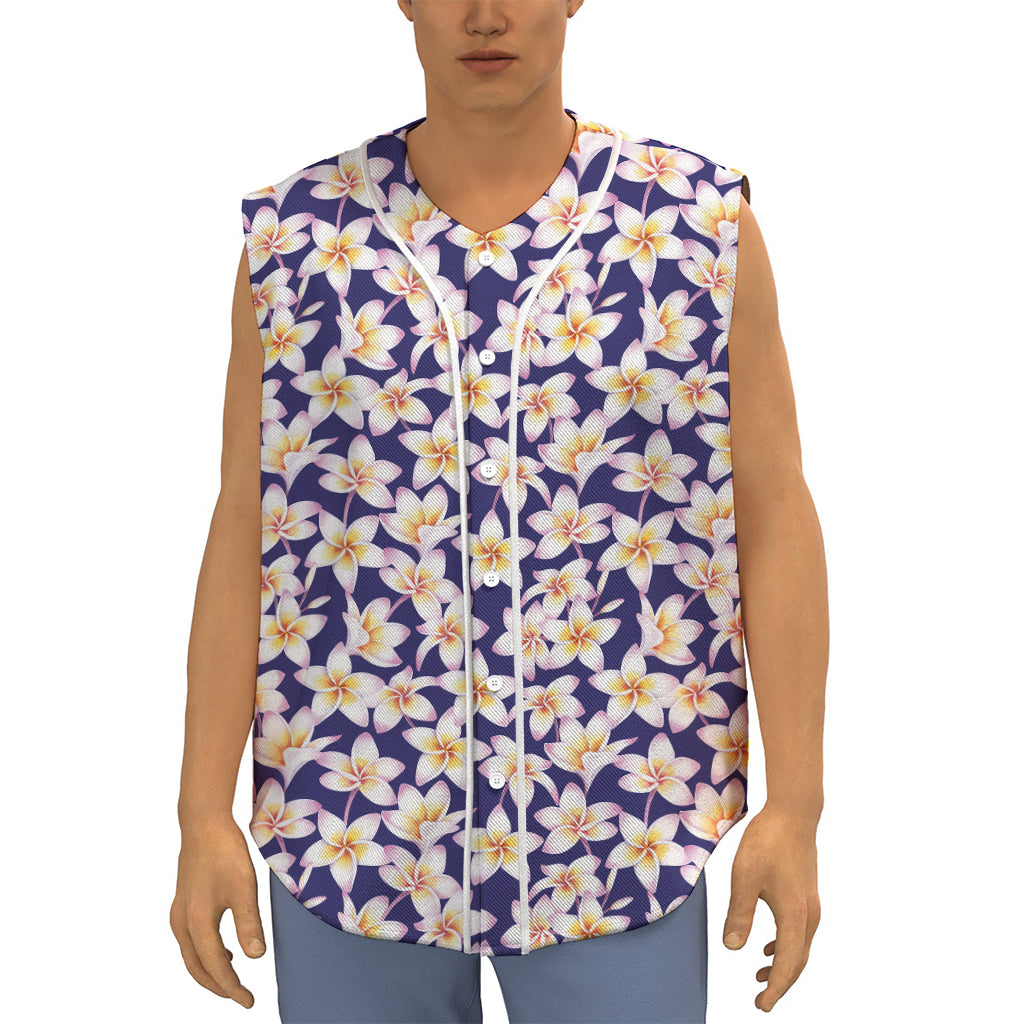 Watercolor Frangipani Flower Print Sleeveless Baseball Jersey