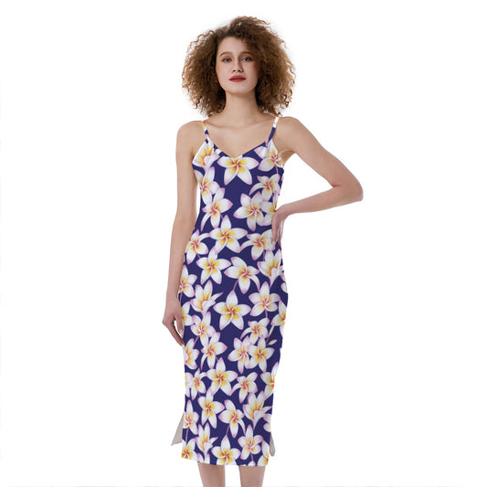 Watercolor Frangipani Flower Print Slim Fit Midi Cami Dress