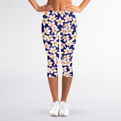 Watercolor Frangipani Flower Print Women's Capri Leggings