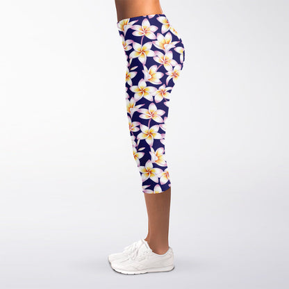 Watercolor Frangipani Flower Print Women's Capri Leggings