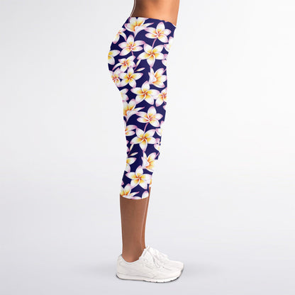 Watercolor Frangipani Flower Print Women's Capri Leggings