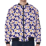 Watercolor Frangipani Flower Print Zip Sleeve Bomber Jacket