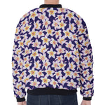 Watercolor Frangipani Flower Print Zip Sleeve Bomber Jacket