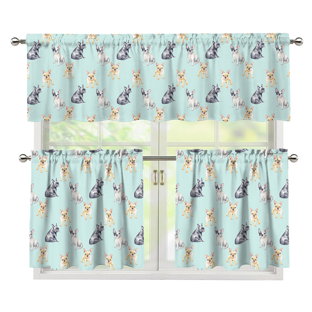 Watercolor French Bulldog Pattern Print 3 Piece Kitchen Curtains