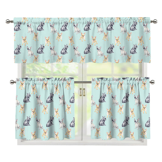 Watercolor French Bulldog Pattern Print 3 Piece Kitchen Curtains