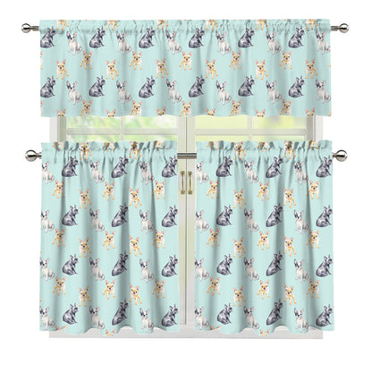 Watercolor French Bulldog Pattern Print 3 Piece Kitchen Curtains