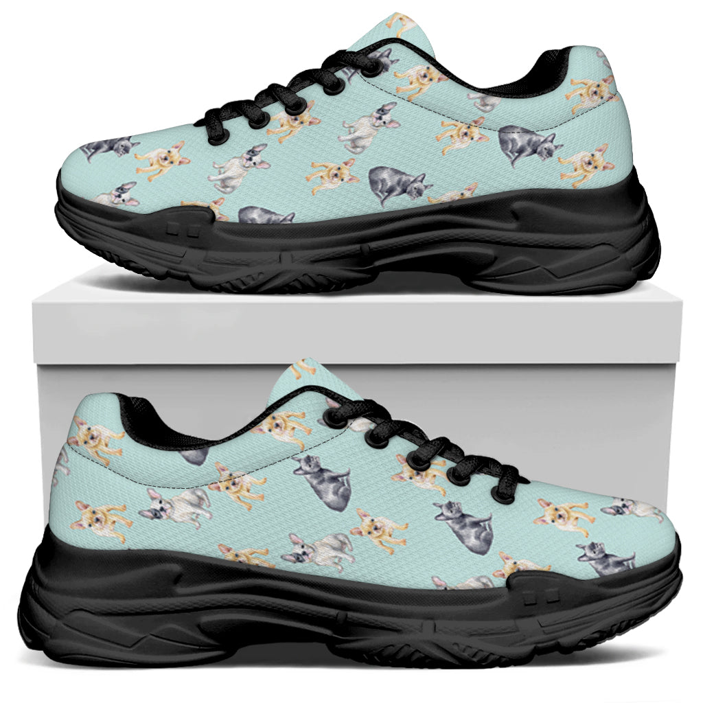 Watercolor French Bulldog Pattern Print Black Chunky Shoes