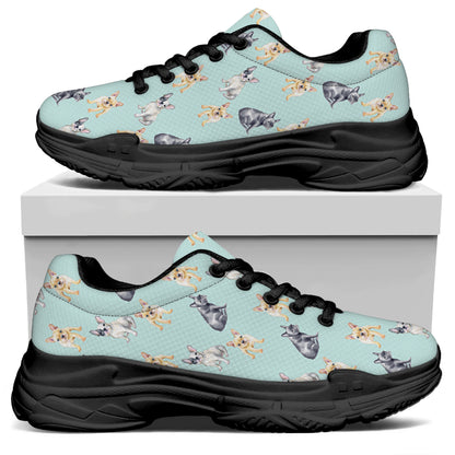 Watercolor French Bulldog Pattern Print Black Chunky Shoes