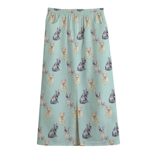 Watercolor French Bulldog Pattern Print Cotton Front Slit Maxi Skirt
