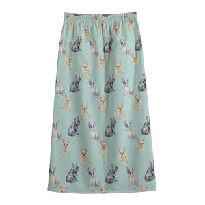 Watercolor French Bulldog Pattern Print Cotton Front Slit Maxi Skirt