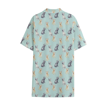 Watercolor French Bulldog Pattern Print Cotton Hawaiian Shirt
