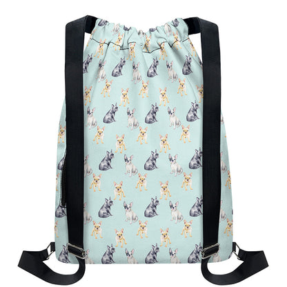 Watercolor French Bulldog Pattern Print Drawstring Backpack