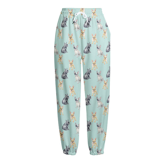 Watercolor French Bulldog Pattern Print Fleece Lined Knit Pants
