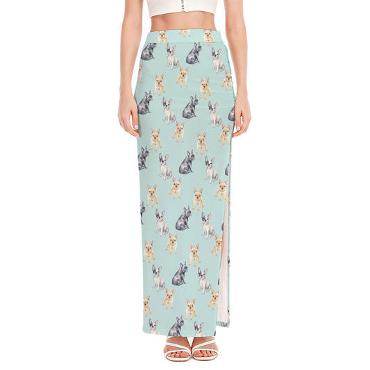 Watercolor French Bulldog Pattern Print High Slit Maxi Skirt