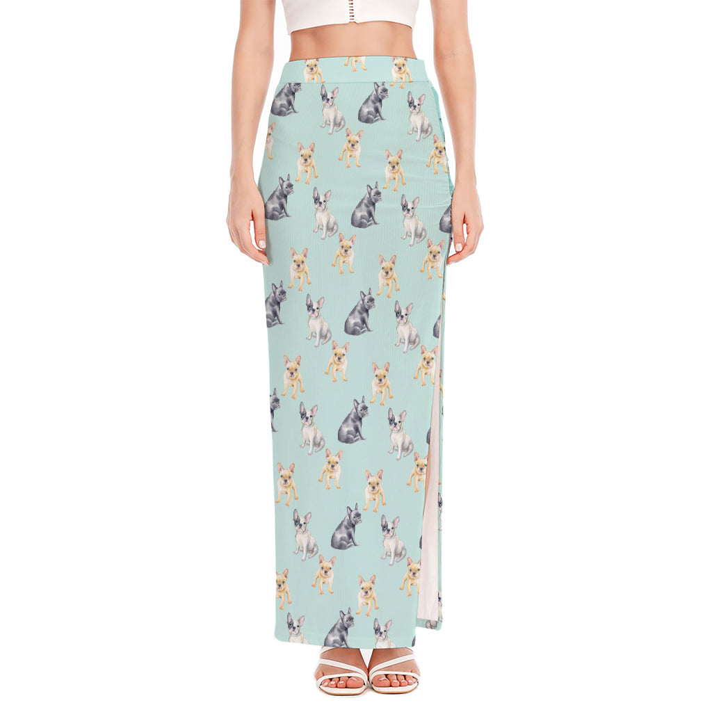 Watercolor French Bulldog Pattern Print High Slit Maxi Skirt