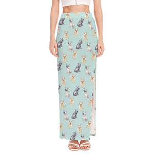 Watercolor French Bulldog Pattern Print High Slit Maxi Skirt