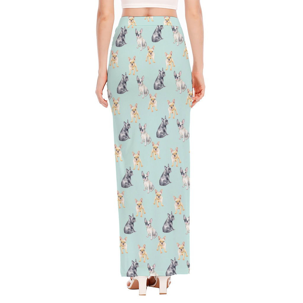 Watercolor French Bulldog Pattern Print High Slit Maxi Skirt