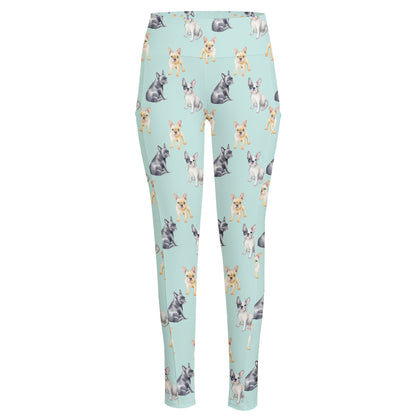 Watercolor French Bulldog Pattern Print High-Waisted Pocket Leggings