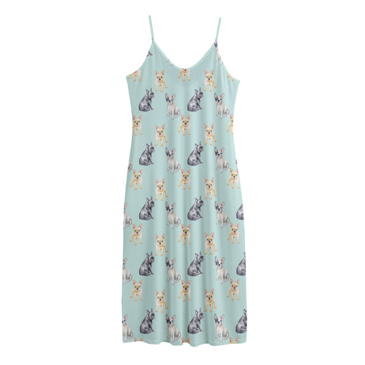 Watercolor French Bulldog Pattern Print Jersey Midi Cami Dress