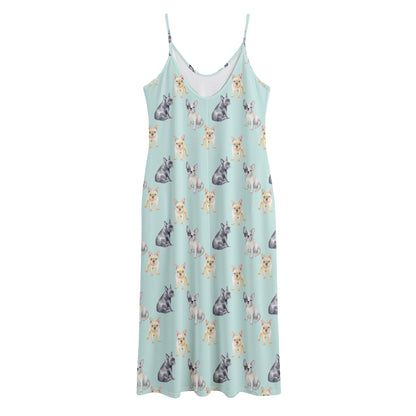 Watercolor French Bulldog Pattern Print Jersey Midi Cami Dress
