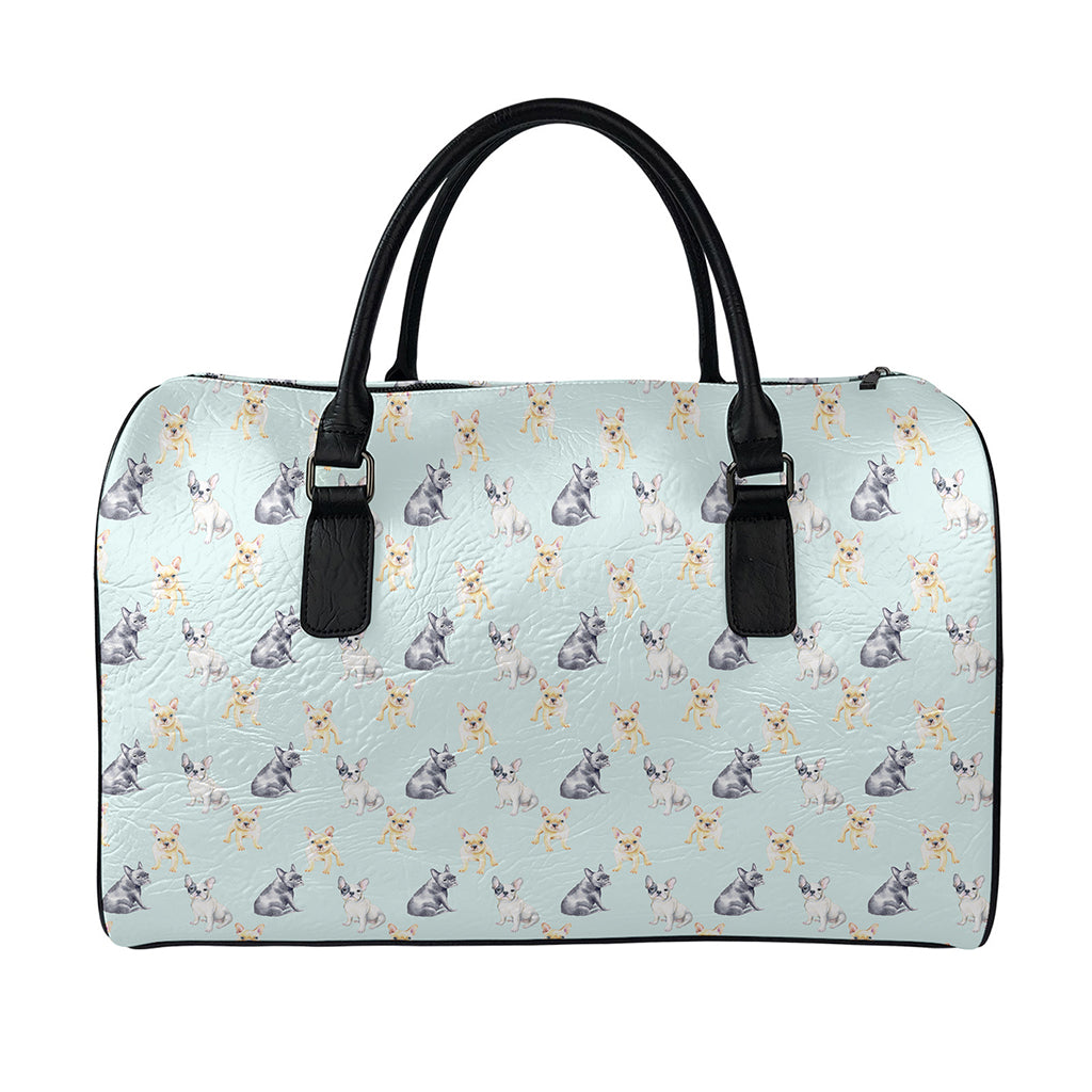 Watercolor French Bulldog Pattern Print Leather Duffle Bag