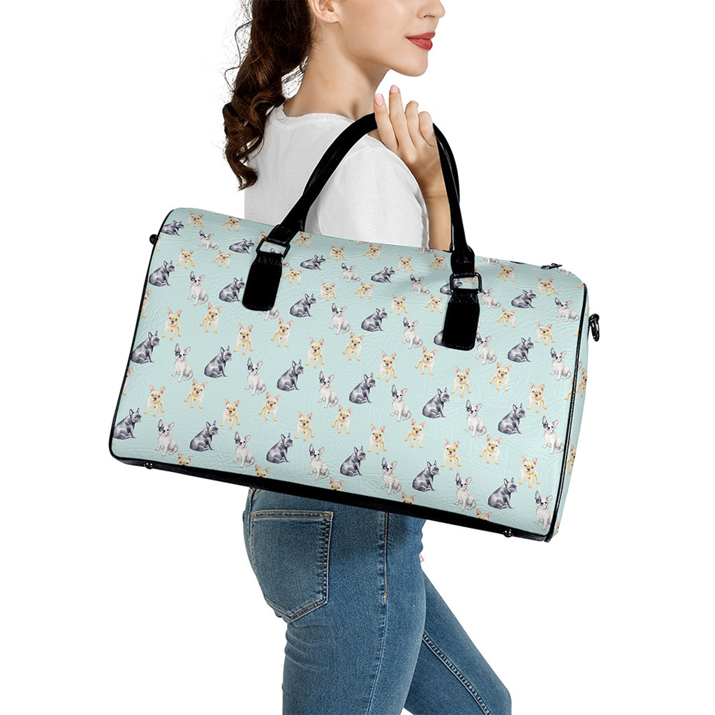 Watercolor French Bulldog Pattern Print Leather Duffle Bag