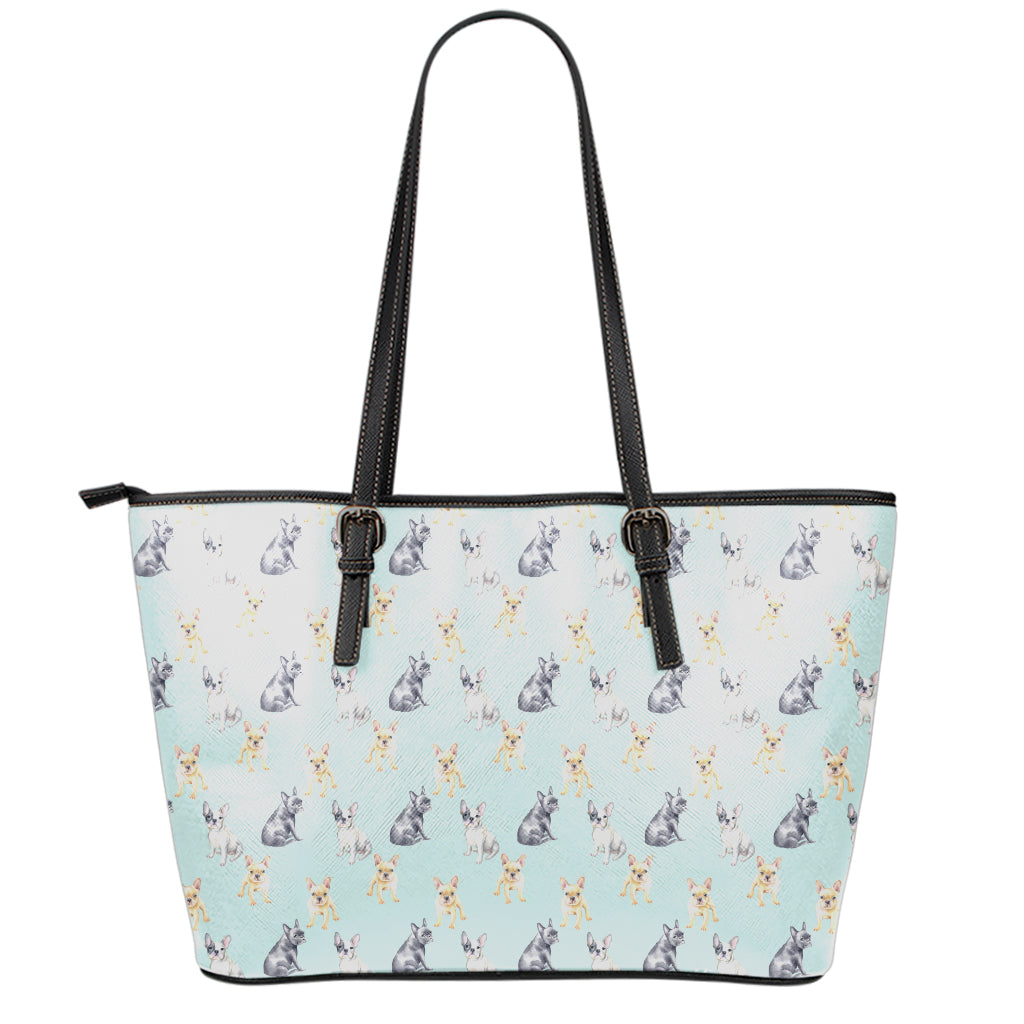 Watercolor French Bulldog Pattern Print Leather Tote Bag