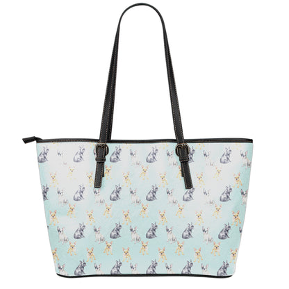 Watercolor French Bulldog Pattern Print Leather Tote Bag