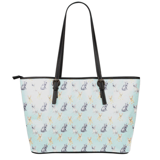 Watercolor French Bulldog Pattern Print Leather Tote Bag