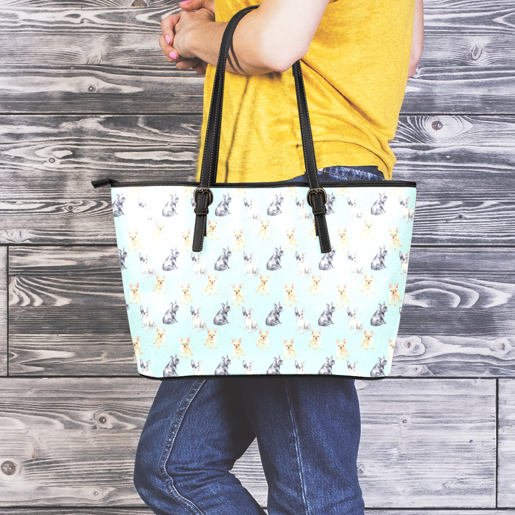 Watercolor French Bulldog Pattern Print Leather Tote Bag