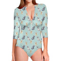 Watercolor French Bulldog Pattern Print Long Sleeve Swimsuit