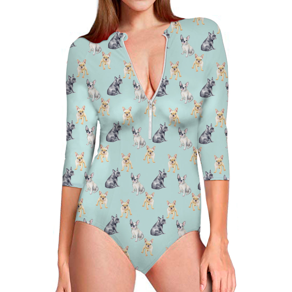 Watercolor French Bulldog Pattern Print Long Sleeve Swimsuit