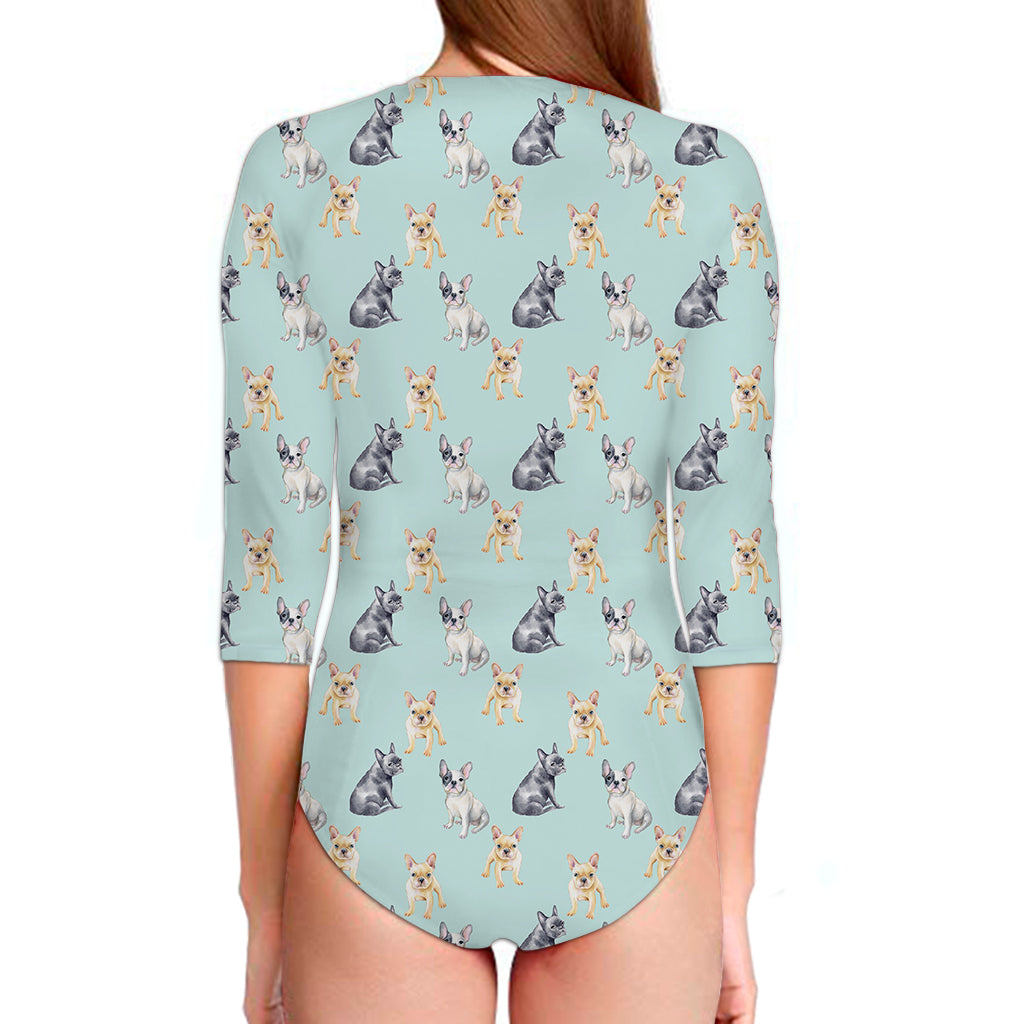 Watercolor French Bulldog Pattern Print Long Sleeve Swimsuit