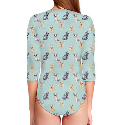 Watercolor French Bulldog Pattern Print Long Sleeve Swimsuit