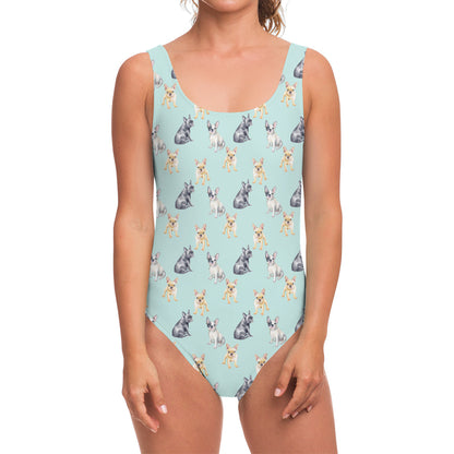 Watercolor French Bulldog Pattern Print One Piece Swimsuit