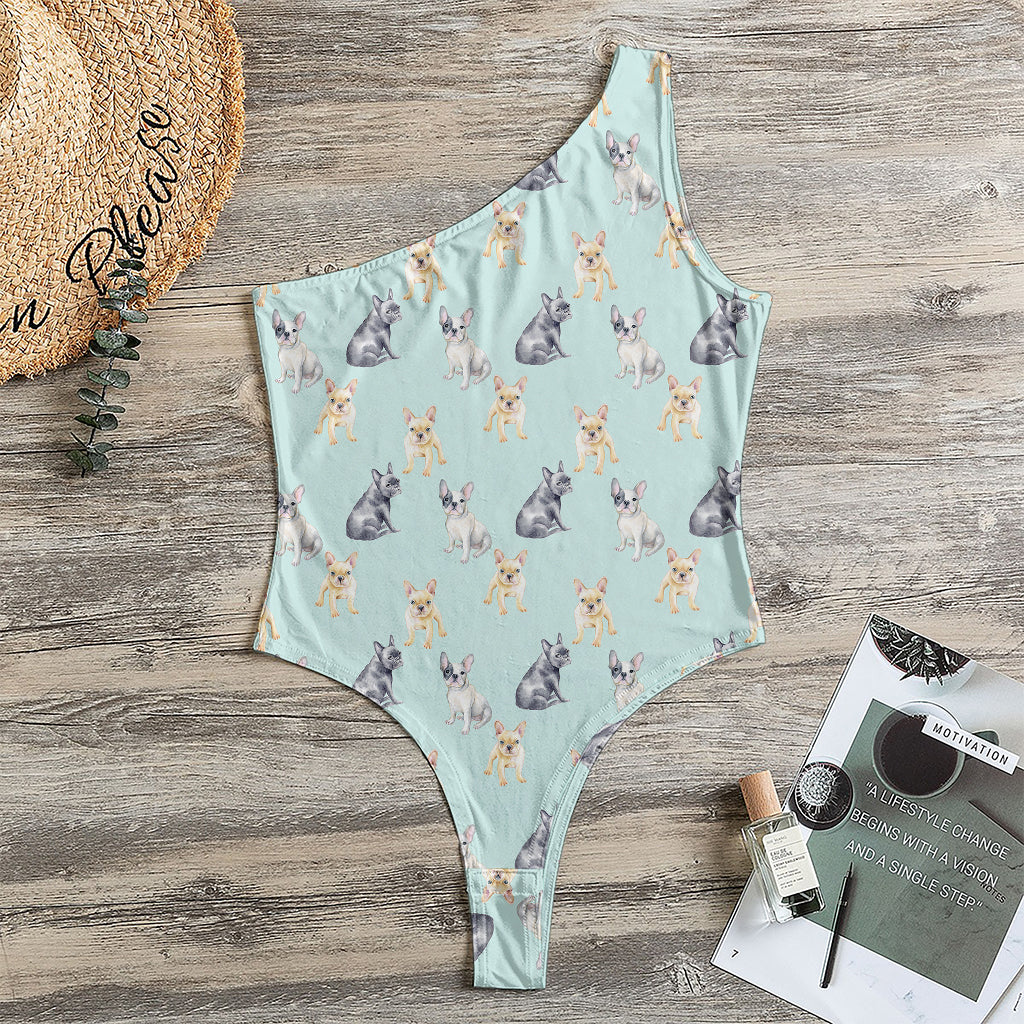 Watercolor French Bulldog Pattern Print One Shoulder Bodysuit