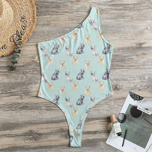 Watercolor French Bulldog Pattern Print One Shoulder Bodysuit