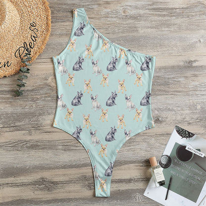 Watercolor French Bulldog Pattern Print One Shoulder Bodysuit