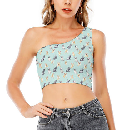 Watercolor French Bulldog Pattern Print One Shoulder Crop Top