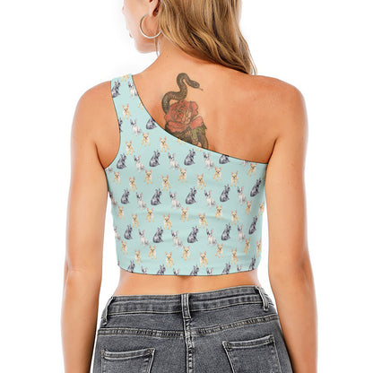 Watercolor French Bulldog Pattern Print One Shoulder Crop Top